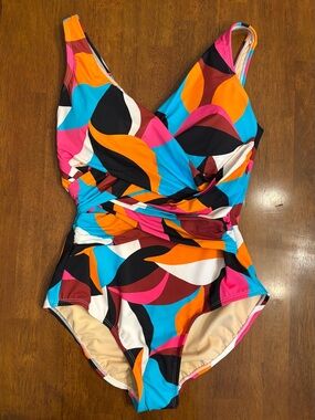Lands' End Vibrant Multi-Color Geometric One-Piece Swimsuit Size 8
